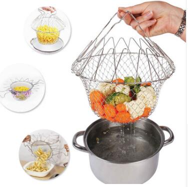 Deep Fry Basket Stainless Steel Multi-function Foldable Chef Cooking Basket Flexible Kitchen Tool for Fried Food Washing Fruits Vegetables
