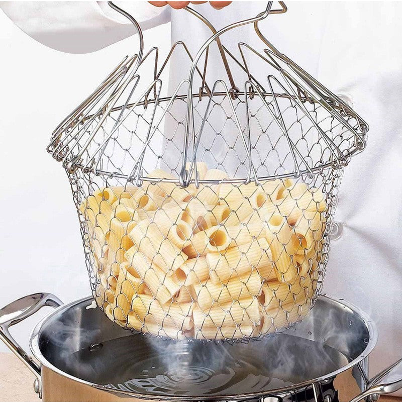 Deep Fry Basket Stainless Steel Multi-function Foldable Chef Cooking Basket Flexible Kitchen Tool for Fried Food Washing Fruits Vegetables